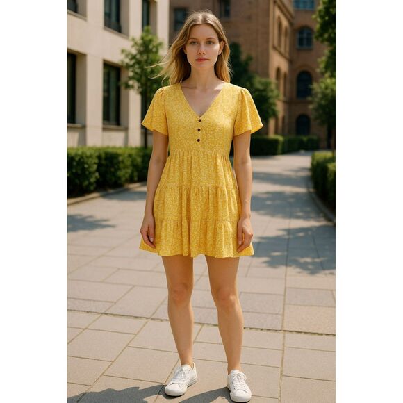 Altar'd State Dresses & Skirts - Altar'd State Dress S Spring Yellow Floral Tiny Print Tiered Loose Ruffle USA